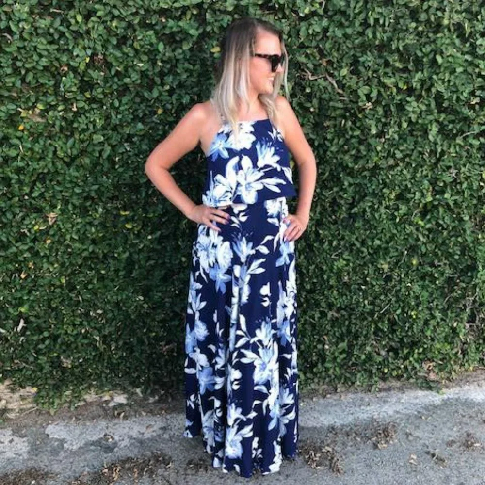 lulus two piece maxi dress Two Piece Gown - Navy Blue Floral 2-Pc - Floral 2-Pc Maxi Set